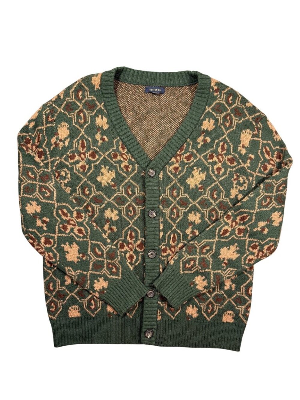 Cotton On Mens Geometric Botanical Jacquard Knit Button Cardigan Green XL